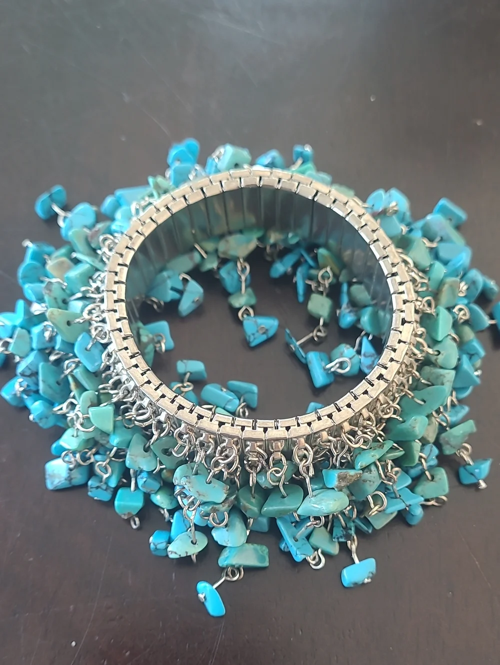 Vintage Boho Turquoise Chip Wide Stretch Panel Cuff Bracelet